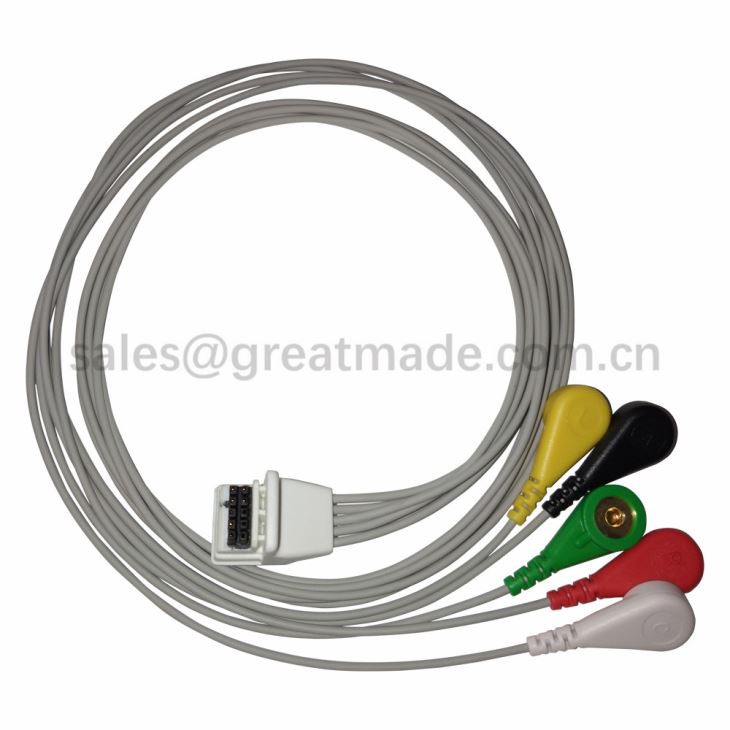 Konpatib Mortara H3 5 Leader Holter ECG Cable, Snap, IEC, TPU